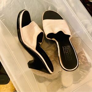 Aerology by Aerosoles, soft white leather mule wedge with black wedge, open toe